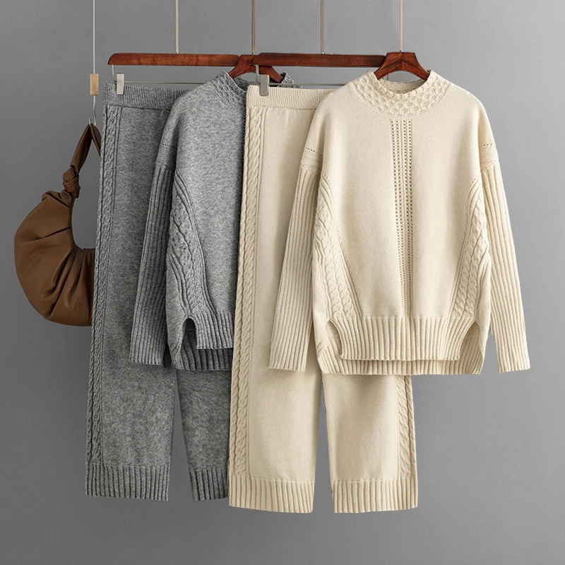 Winter Women Pants Sets Twist Mockneck Oversized Woman Sweater + Full Length Wide Leg Pants female Tracksuits 2/ Two Pieces Sets