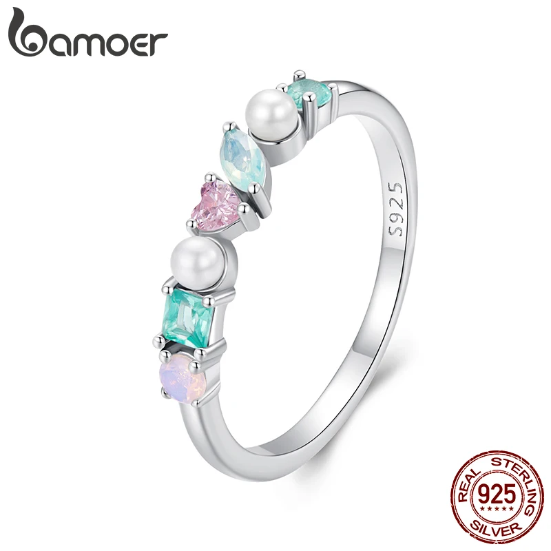 BAMOER Gold Plated Rainbow Eternity Thumb Rings, 925 Sterling Silver Opal/CZ/Pearl Wedding Colorful Band Rings for Women