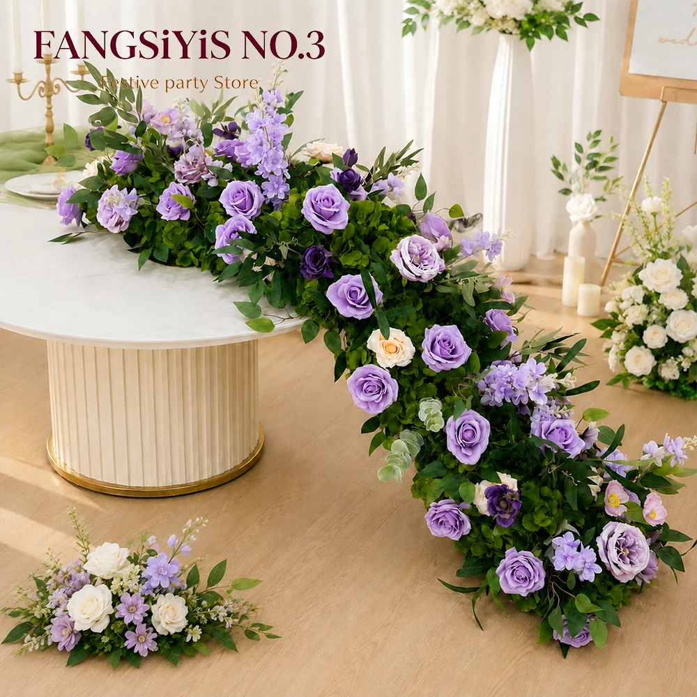 2M 1M 3M Lilac Purple Rose Table Runner Sofa Floor Flower Arrangement Wedding Backdrop Decor Flower Row Banquet Party Props