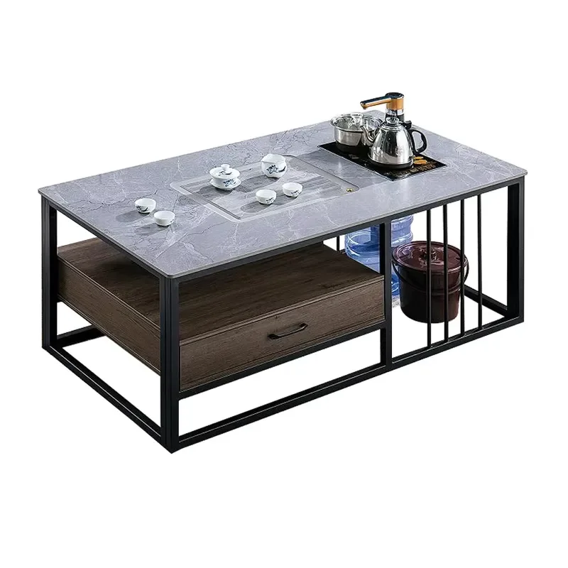 Modern Rectangular Office Coffee Table with Heat Resistant Stone Top and Sturdy Metal Frame for Contemporary Workspace Decor