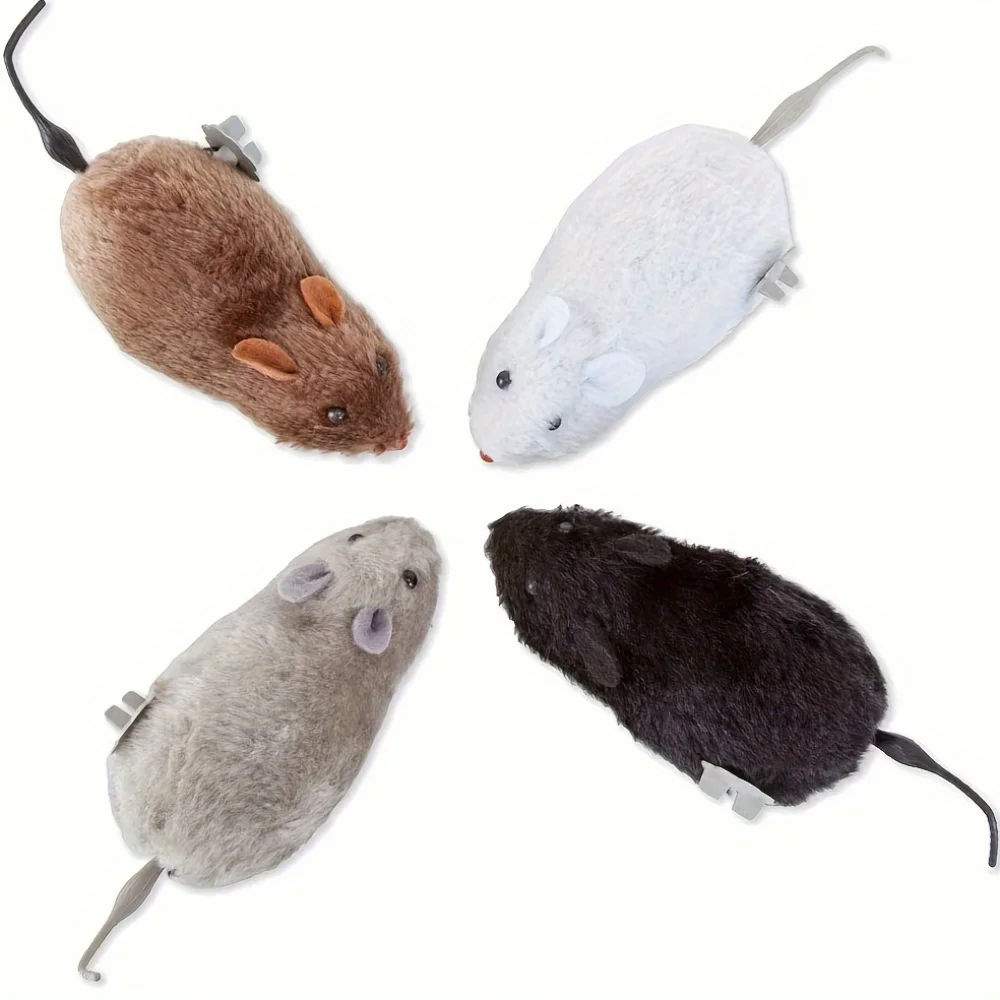 4-teiliges flauschiges mechanisches Mäuspielzeug – selbstbewegendes Katzenspielzeug, keine Batterie erforderlich, interaktives Haustierspielset