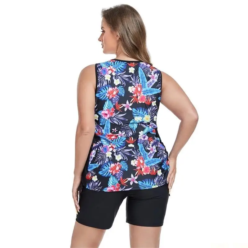 U2JB Women Tummy Control Tankini Two Pieces Floral Print Swimwear Ruched Swimsuit Bathing Suits with High Waist Shorts