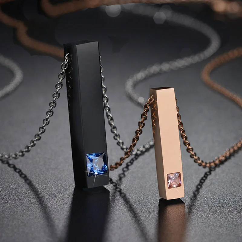 Simple zircon Wishing Bar Pendant Necklace Charm Men Women Waterproof Dangle Vertical Cuboid Stick Stainless Steel Jewelry Gift