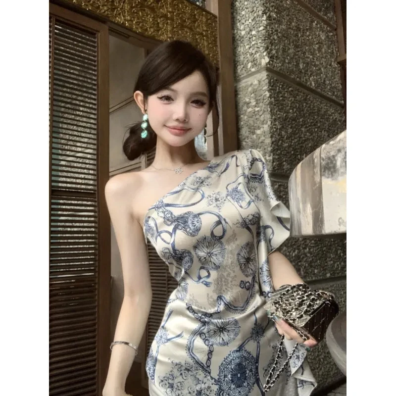 

Vintage Printed Satin Off Shoulder Tops Women 2025 Summer Elegant Slim Fit Irregular Ruffled Shirt Fashion Party Blouse