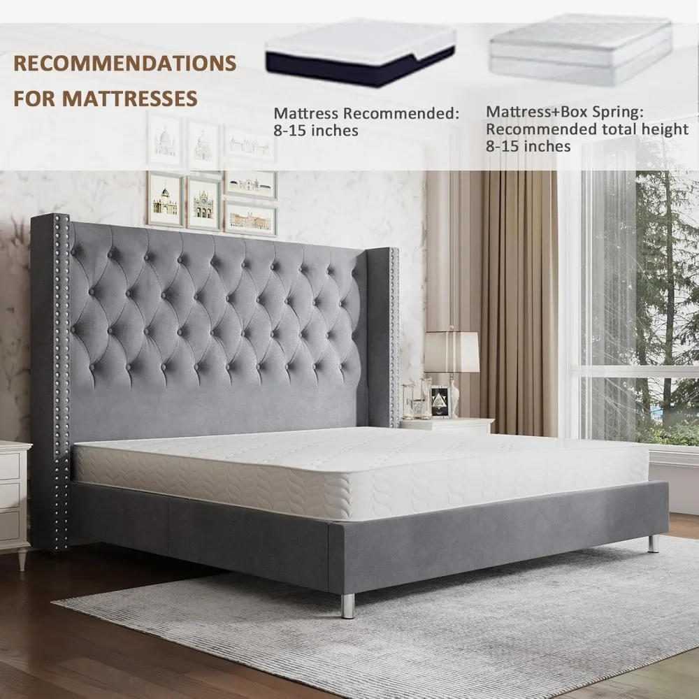 Queen Bed Frame ,Upholstered Bed Wingback Headboard Velvet Tufted Diamond Button,No Box Spring Needed,bedroom furniture. image 4