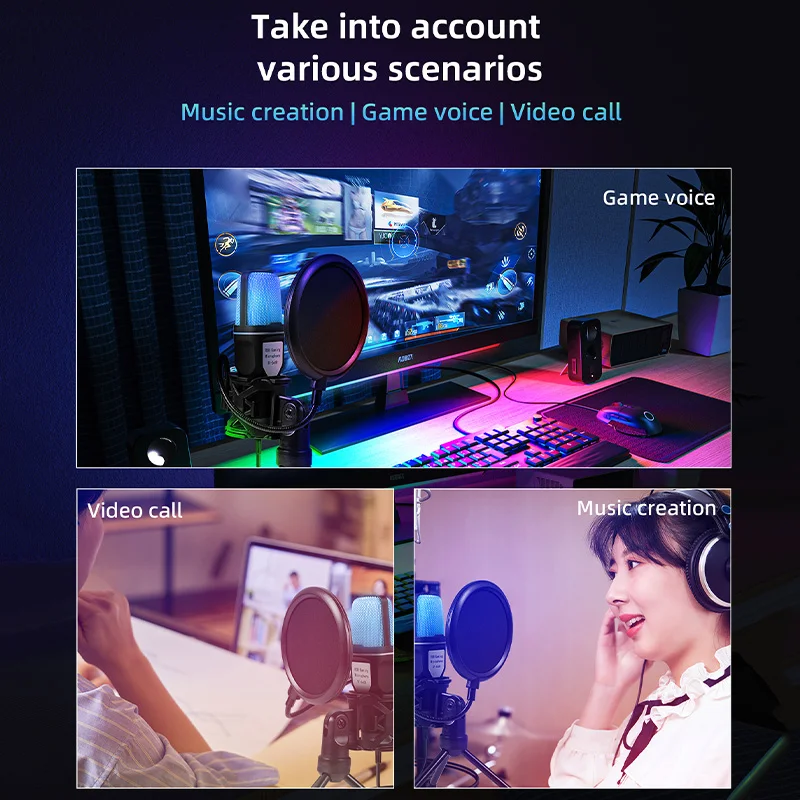 ميكروفون RGB مع تقليل الضوضاء ، USB ، ميكروفون سلكي ، ميكروفون ألعاب للبودكاست ، تسجيل ، تدفق استوديو ، كمبيوتر محمول ، كمبيوتر مكتبي ، كمبيوتر شخصي
