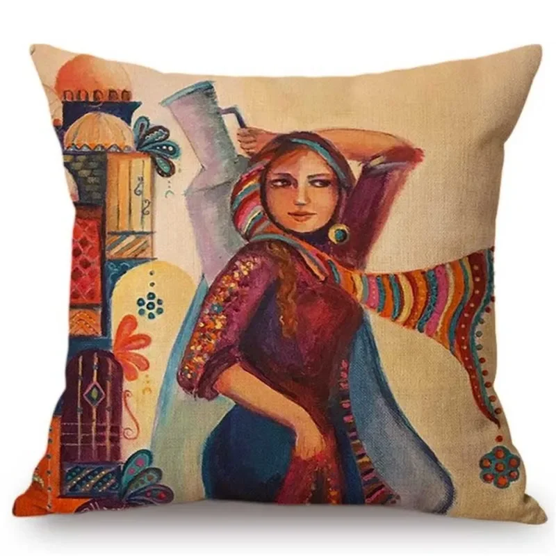 Cotton linen decorative pillow case Islamic art arab woman carrying plate muslim home decor sofa pillow cover