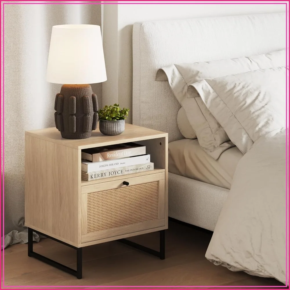 

Rattan Wood End Side Accent Table with Storage for Living Room or Bedroom, Oak/Black