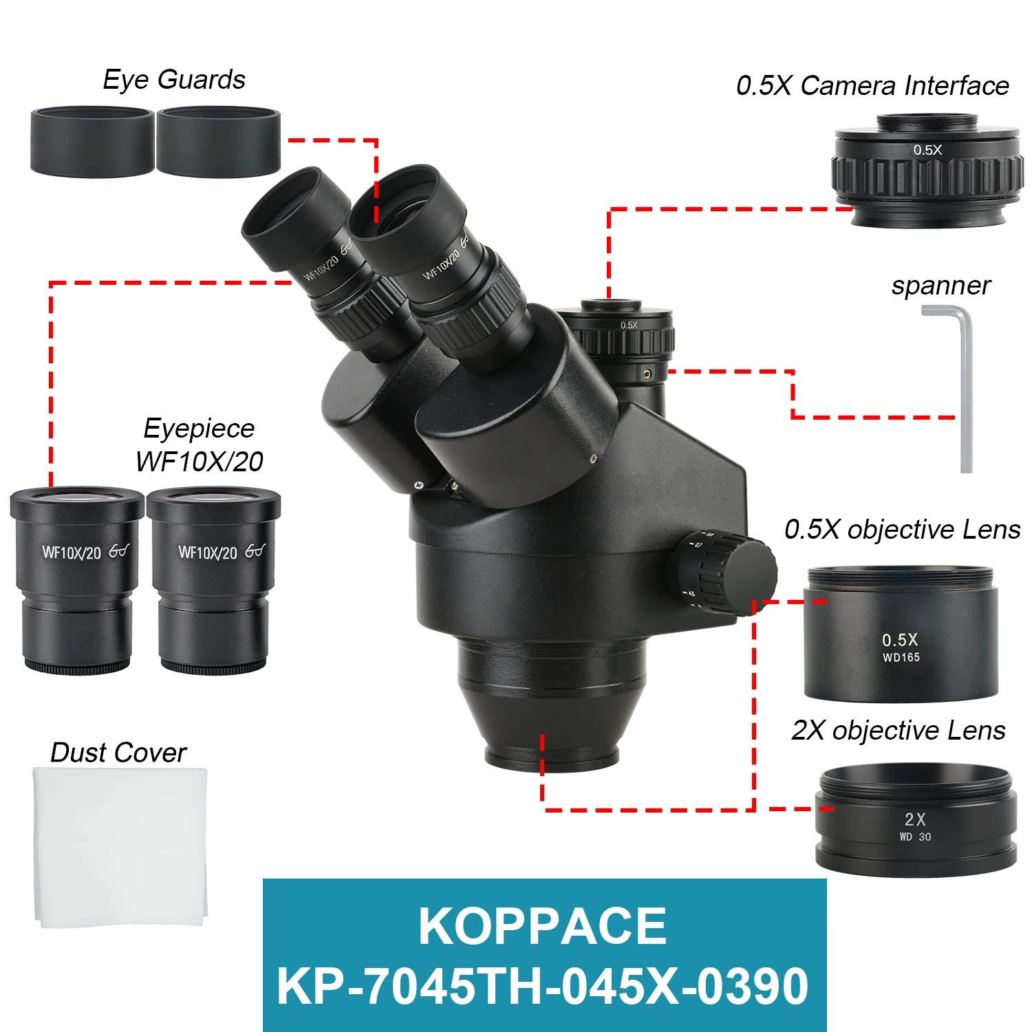 Kopace-lente de microscopio estéreo tricular, lente negra de 3.5X-90X, contiene 0,5X y 2X objetivos auxiliares