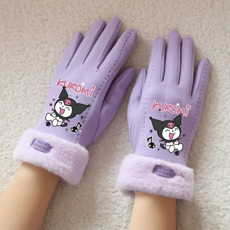 Kuromi Anime Kawaii MINISO Ins modne ciepłe rękawiczki Cute Cartoon jesienne zimowe zagęszczone aksamitne rękawiczki dziecięce prezenty dla dzieci