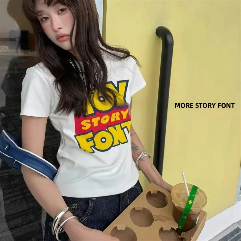 

Street Style Short Sleeve T-Shirt Women's Slim Fit Short Length Casual Print Letter Top Korean Version Cotton Spring New Arrival