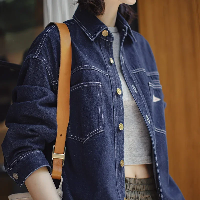 

Maden Denim Long Sleeve Shirt Vintage Contrast Stitching Loose Fit Shacket for Women's Spring Fall Casual Single-breasted Blouse