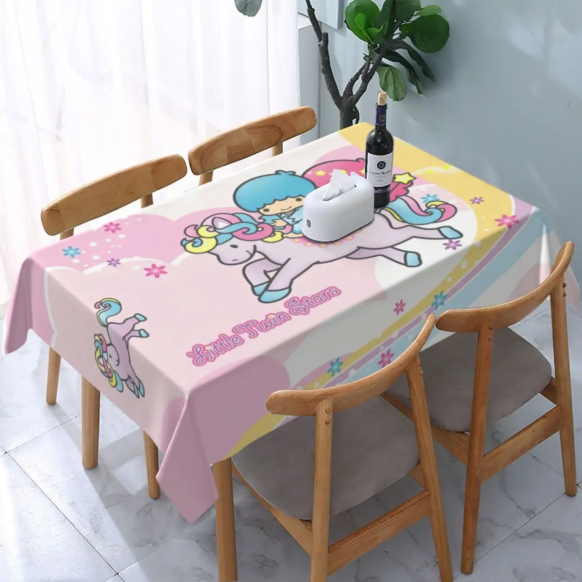 Rechteckige wasserdichte öl beständige kleine Zwillings sterne Sanrio Kiki Lala Tischdecke Träger elastische Kante Tischdecken passen Tischdecke