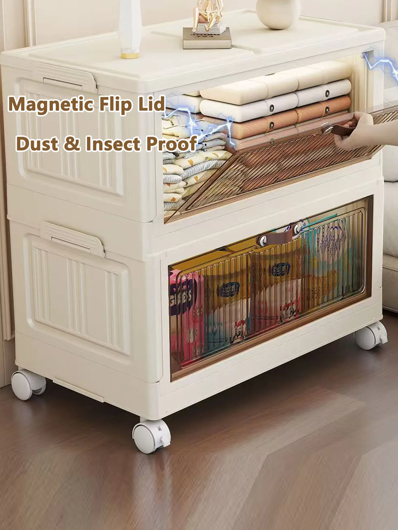 Foldable Multi-layer Plastic Storage Cabinet for Home Living Room No Installation Needed Snack Toy Organizer with Flip Cover