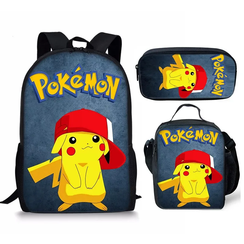 Poké Mon Studenci Pikachu Tornister o dużej pojemności Kreskówka Trzyczęściowa torba na lunch Piórnik Chłopcy Dziewczęta Lekki plecak