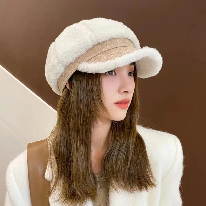 New Lamb Hair Octagonal Hat for Women's Korean Fashion Duck Tongue Hat with Plush Bud Hat, Fashionable British Retro Artist Hat