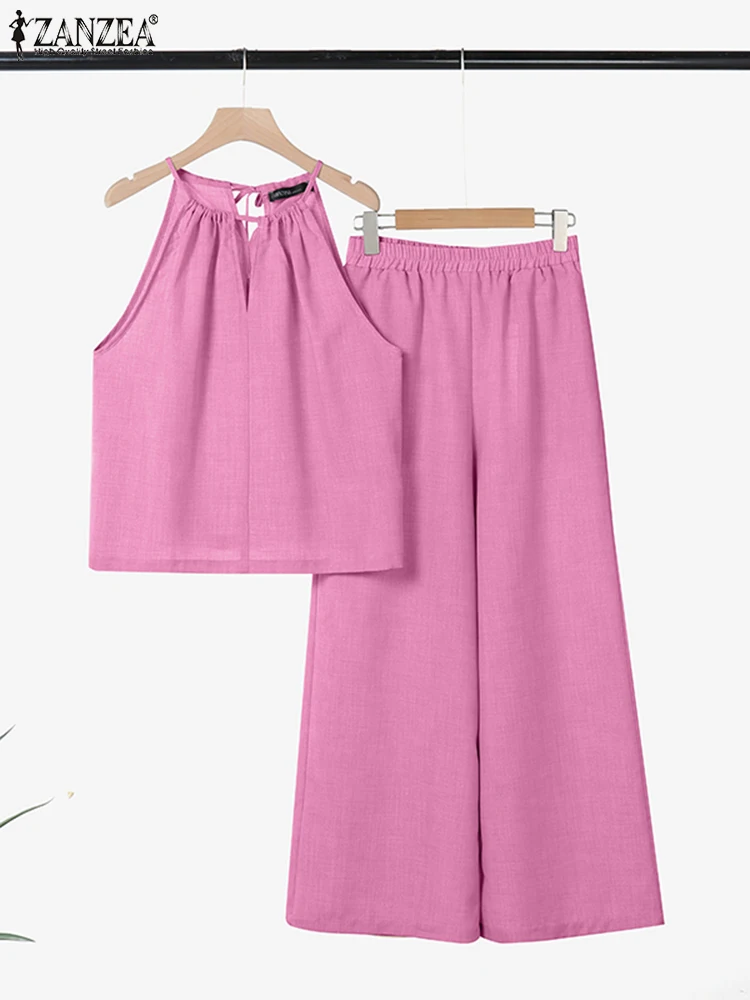 

ZANZEA Women Pant Sets 2025 Summer Sleeveless V-Neck Halter Tops and Wide Leg Pants Casual Elegant Solid 2pcs Two-piece Outfits