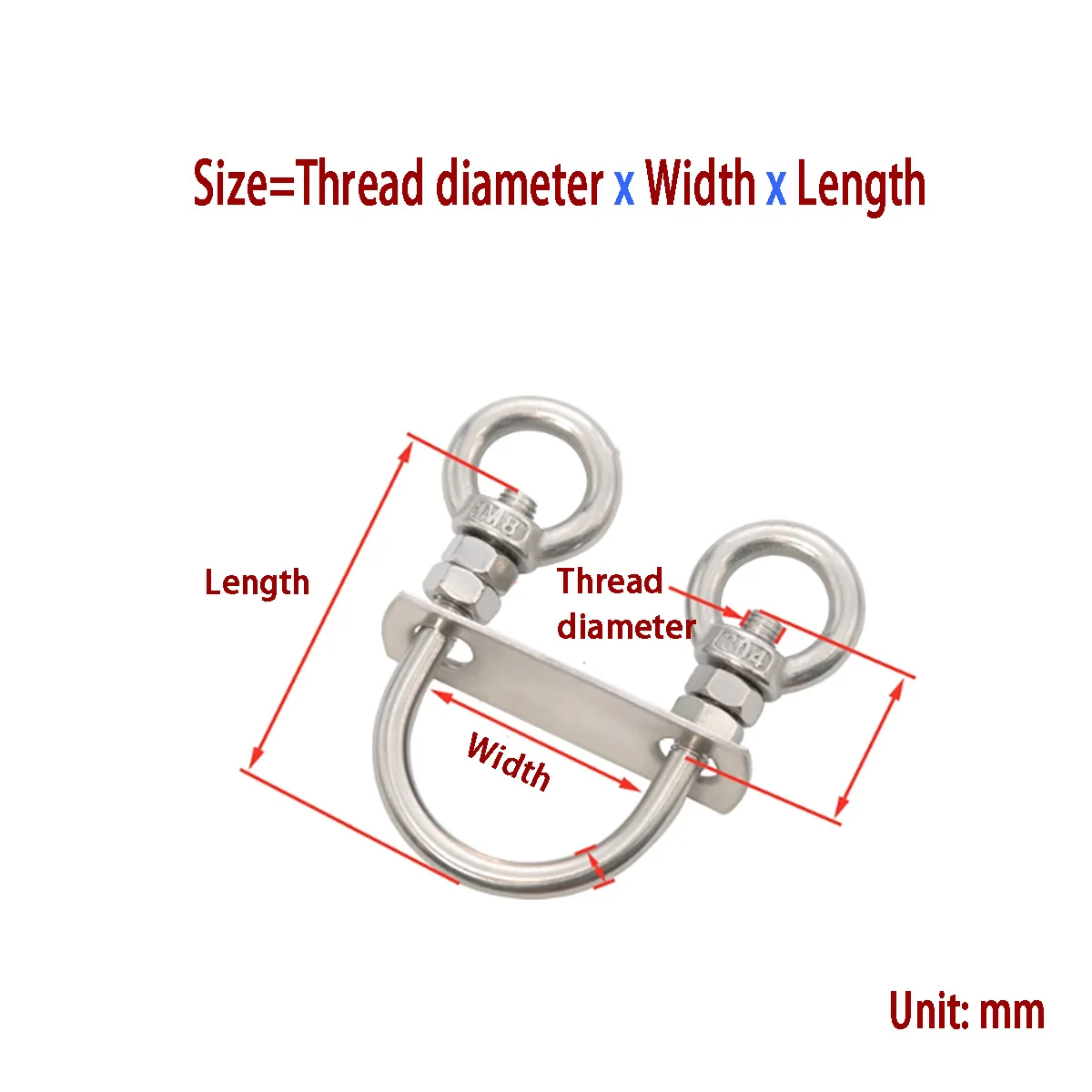 304 Stainless Steel U-Bolts with Double Eye Nuts - Square Clamps for Railing Fixing & Hanging M6M8M10M12