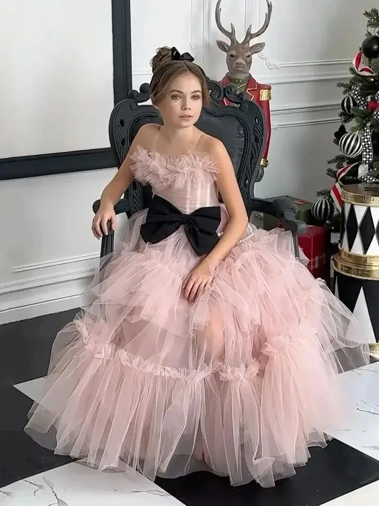 ที่กําหนดเอง Dusty สีชมพูดอกไม้สาวชุดสําหรับงานแต่งงานแขนกุด Tulle กับโบว์ไข่มุก Elegant เด็ก Quinceanera ชุดจัดเลี้ยง