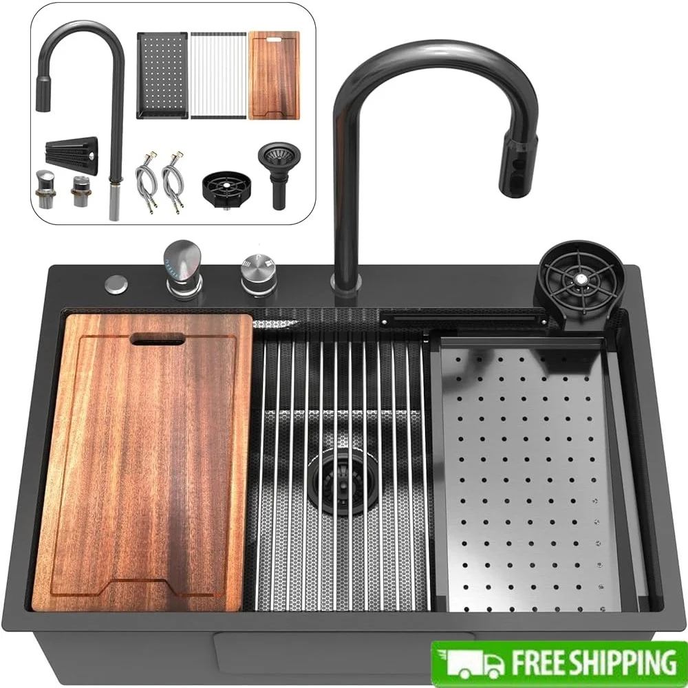 

33 Inch Waterfall Kitchen Sink Drop In Stainless Steel Double Workstation Faucet Combo Honeycomb Embossing with Accessories