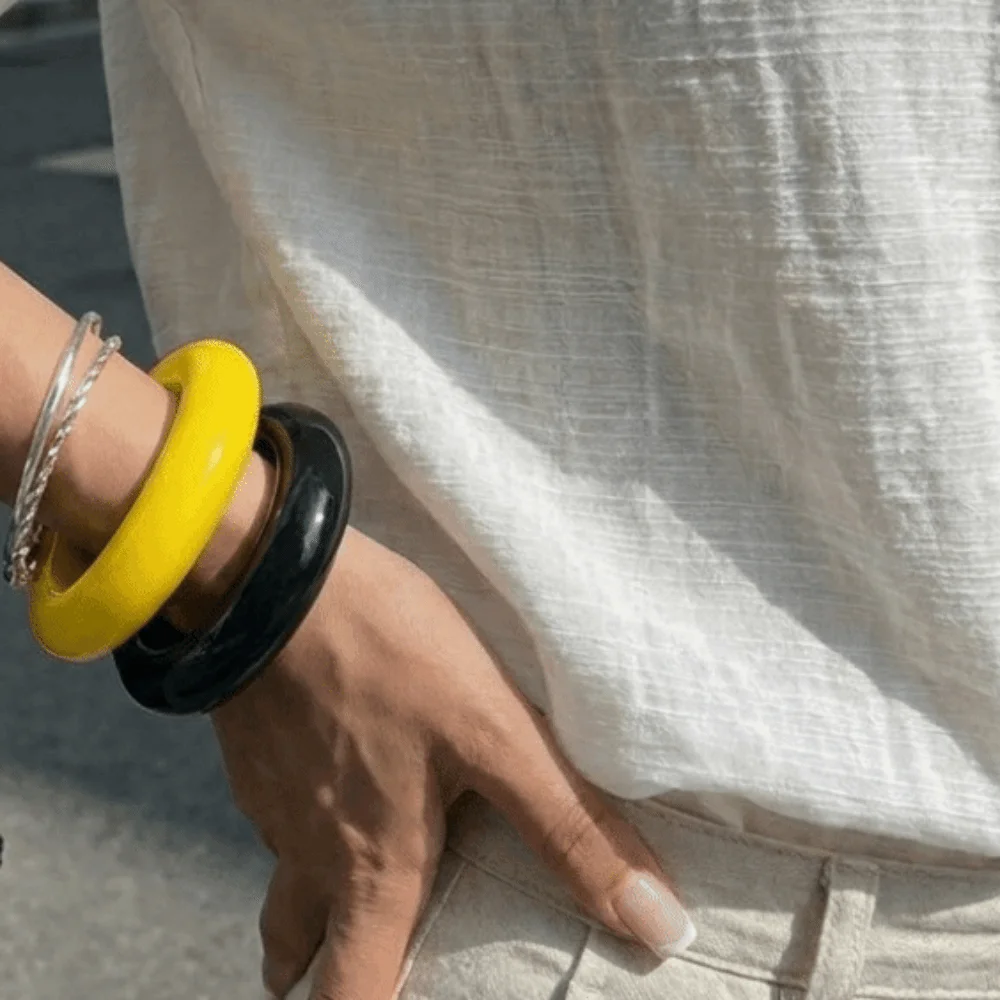 Vintage Glossy Round Resin Bracelets Stackable Thick Plastic Bangle Geometric Elegant Wide Bracelets Party