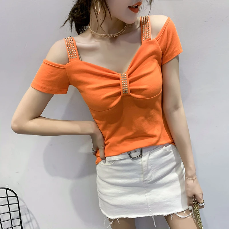 2023 New Summer European Clothes Cotton T-Shirt Chic Sexy V-Neck Off Shoulder Rivet Women Short Sleeve Tops All Match Tees 32276