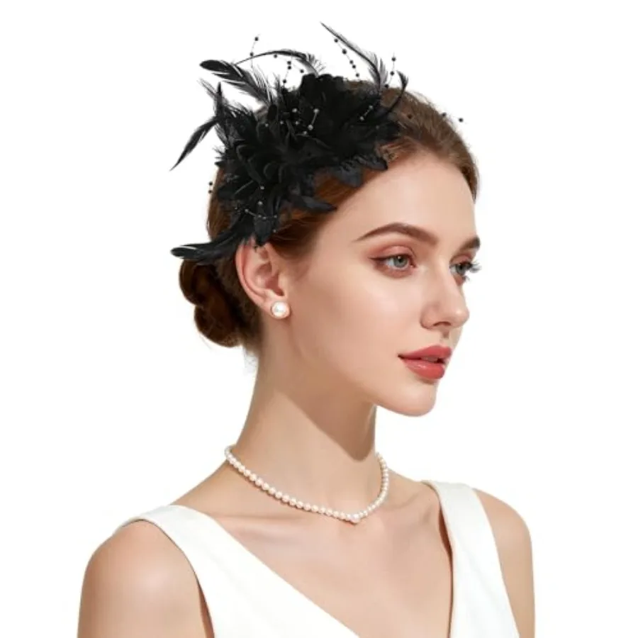 Womens Fascinators Hats Tea Party Hats for Women, Feather Pearl Headband for Wedding Cocktail Dresses Accessories