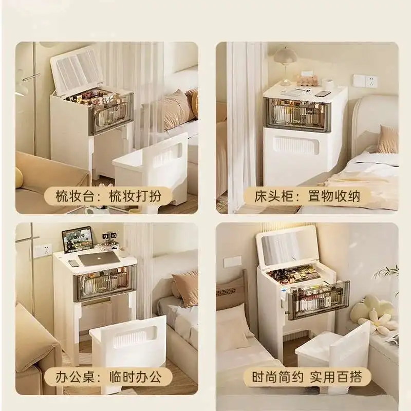Desk Small Set Vanity Dresser with Flip-top Mirror and Light Vanities Set Dressing Table with Fold-up and Plastics Storage Stool