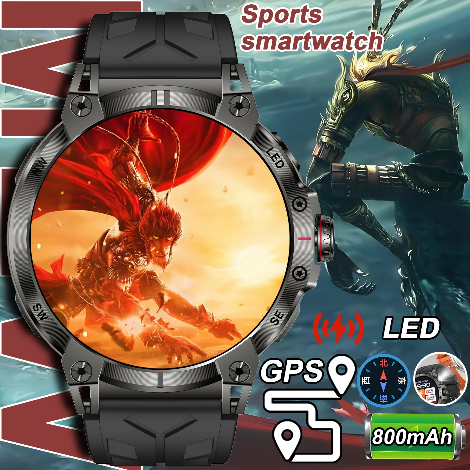 

2025NEW 1,85-дюймовый светодиодный фонарик Смарт-часы Мужской компас 800 мАч Смарт-часы с беспроводным вызовом IP68 Водонепроницаемые уличные 100 + спортивный трекер