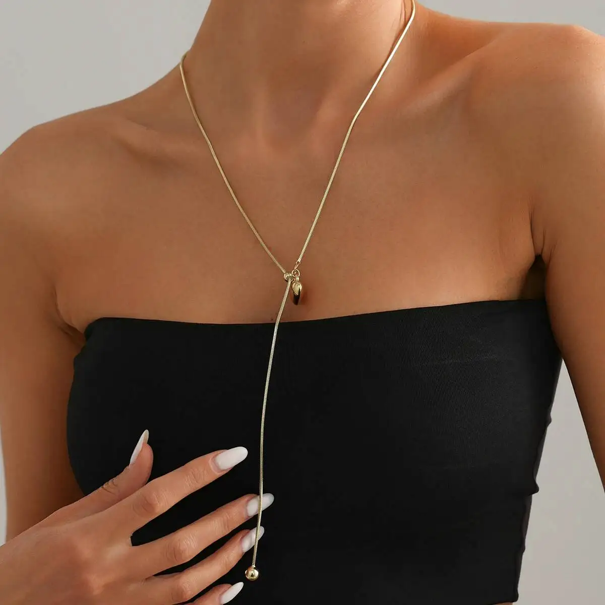 

KunJoe Punk Stainless Steel Waterproof Long Flat Snake Adjustable Necklace Women New Luxury Love Heart Pendant Necklace Jewelry