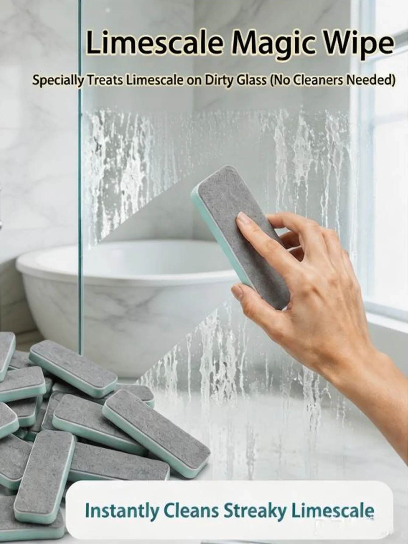 10 Sets vielseitiger Reinigungswerkzeuge für das Badezimmer, geeignet für Glas, Spiegel, Duschkabinen und Fliesen, darunter ein magischer Kalkentferner, eine Reinigungsbürste und ein doppelseitiger Aquarium-Schwamm, ideal zum Entfernen von hartnäckigen Kalkablagerungen von Badezimmerarmaturen. – Detail 2