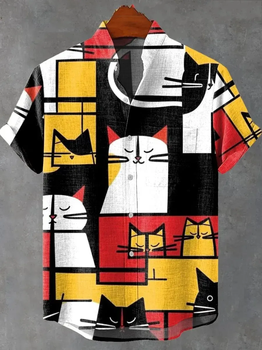 2025 fashionable men's 3D printed cat design pattern men's button up collar comfortable and breathable casual plus size linen sh