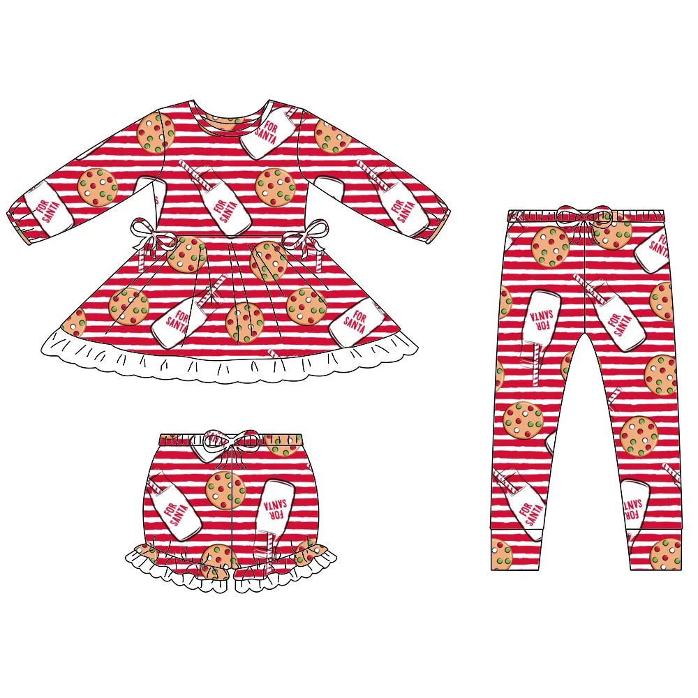 

Children's matching set a ruffled dress with shorts or trousers featuring milk cookie and donut prints made of milk silk fabric