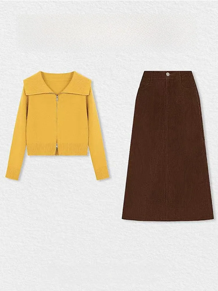 

Faionable Orange n Autumn Corduroy Blouse And Skirt Set Long Sve Turn-down Collar Knitted Top Casual Sle Two-piece ...