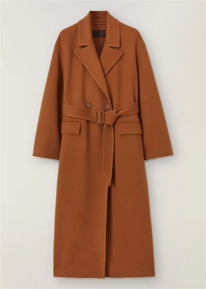 

Brown Woolen Women Suit Long Overcoat 1Pcs Custom Made Cashmere Blazer Formal Office Lady Winter Thick Jacket With Belt