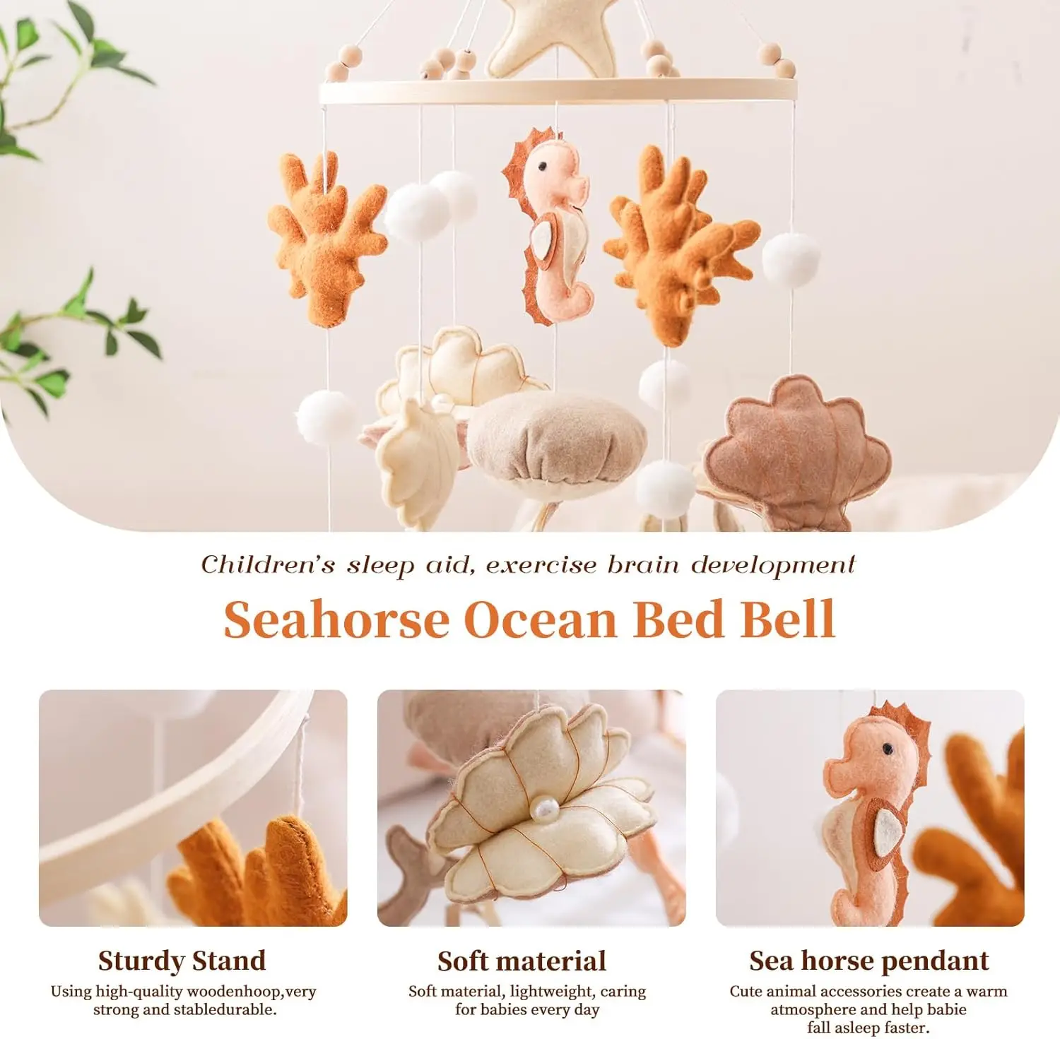 Mobile de berceau en bois, jouet de berceau pour bébé, hochet, jouet en feutre doux, mobile sur le thème de l'océan, support de mobile, boîte à musique pour nouveau-né, hochet de lit, support suspendu pour jouet