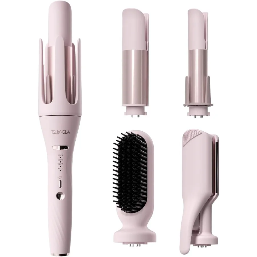 

5 in 1 Auto Curling Iron Set with Interchangeable Barrels - 1 1.25 1.5 Curling Wand Hair Crimper Straightening Brush Rotating C