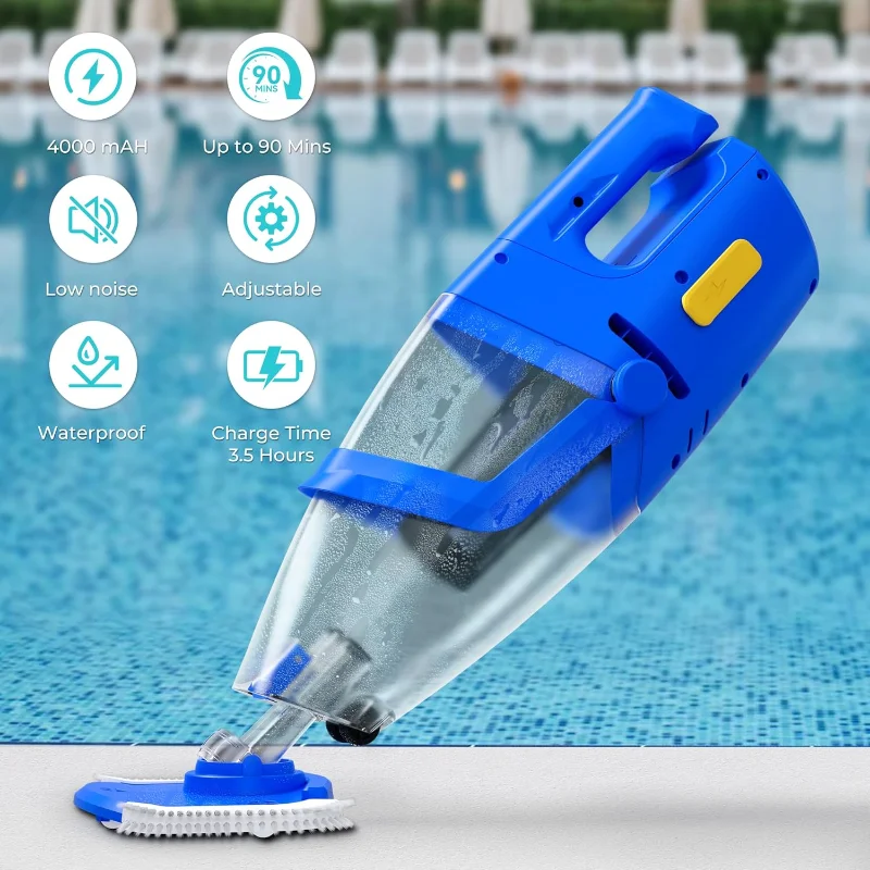Efurden Rechargeable Pool Vacuum Cordless with Strong Suction up to 34 Gallons/min, 2 Modes Handheld Pool Cleaner 90 Mins