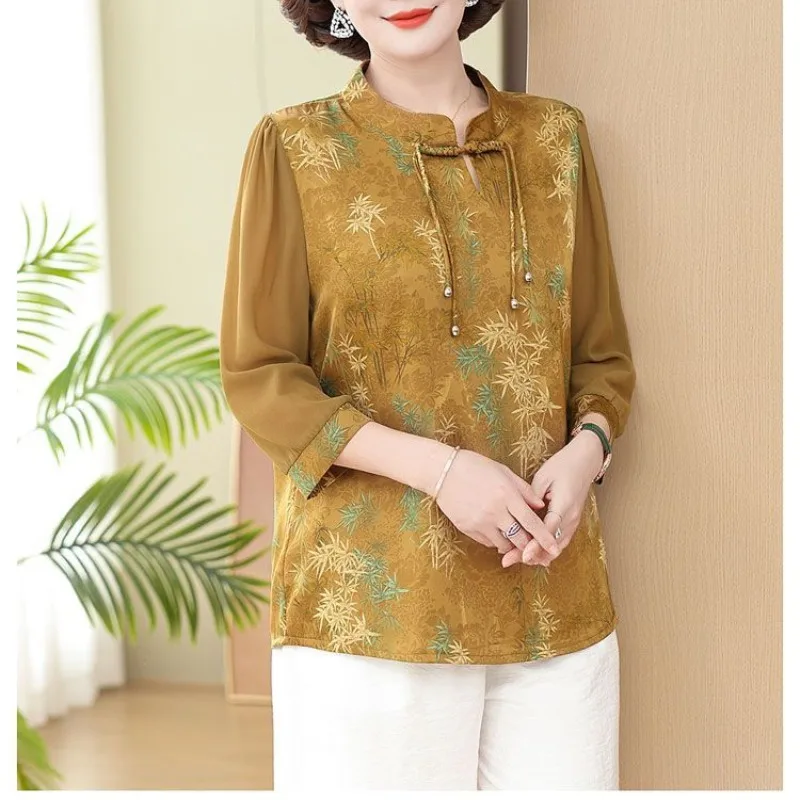 Women's Spring Summer Chinese Style Retro Contrast Color Round Neck Button Printed Shirts 3/4 Sleeve Loose Pullover T-shirt Tops
