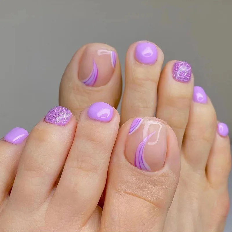 Full Cover Toenails Purple Lines Glitter Toe Fake Nails with Glue Wearable Short Flat Shape False Toenails Press on Manicure