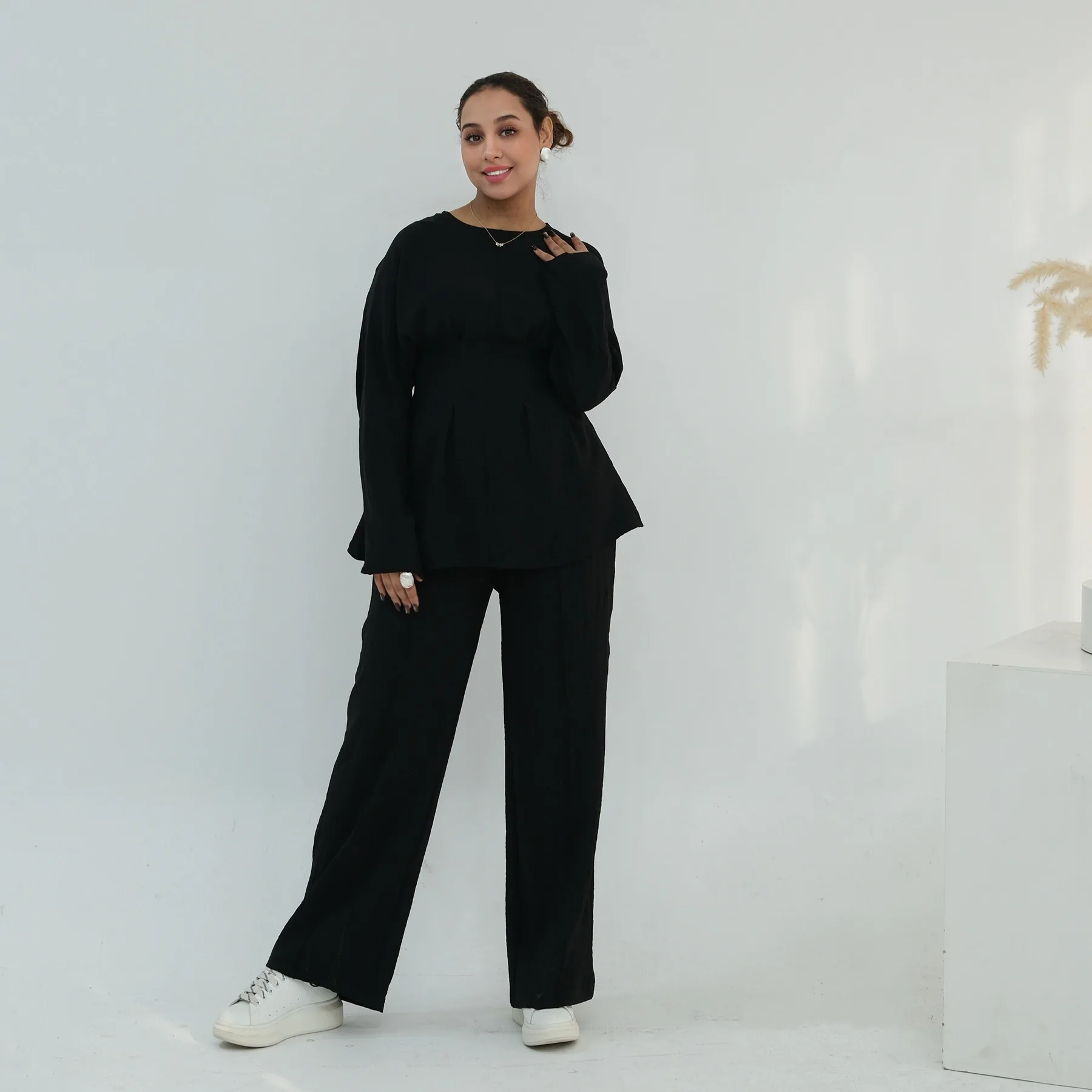 Muslim Women Matching Set Pleated Long Sleeve Solid Color Tops High Waist Loose Pant Suit Turkey Casual Tracksuit Kaftan Outfit