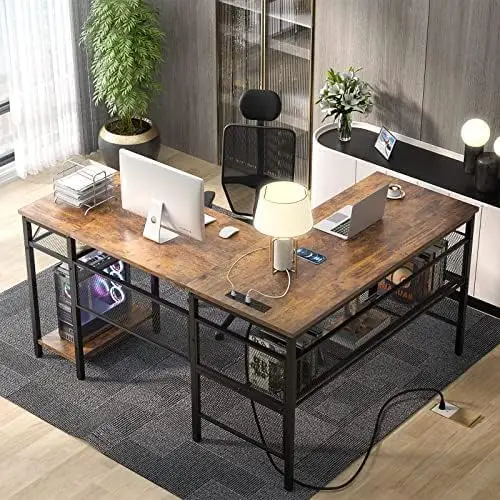 L Shaped Desk with Magic Power Outlets and Smart Strip Light, Reversible 55 Inch Corner Computer Desk with Monitor Stand