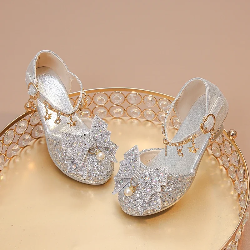 Girls Crystal High Heeled Leather Shoes for Wedding Party Glitter Rhinestone with Bow-knot Kids Dress High Heels Pendant Bling