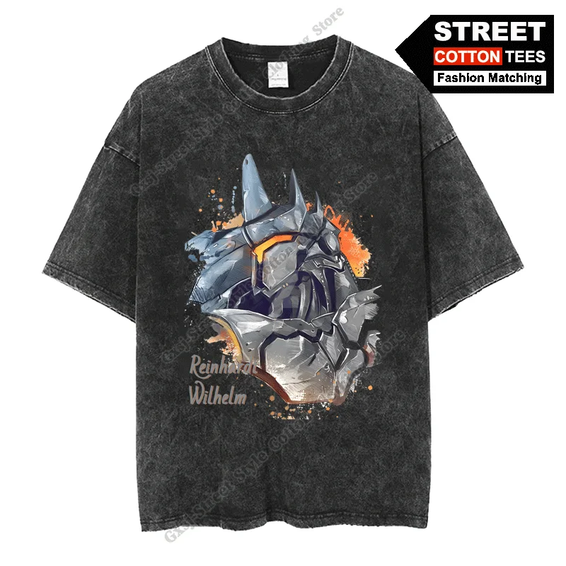 Overwatch Reinhardt Wilhelm Graffiti Style Print T Shirt Cotton Washed Vintage Oversized T-shirts y2k Casual Unisex Loose Tees