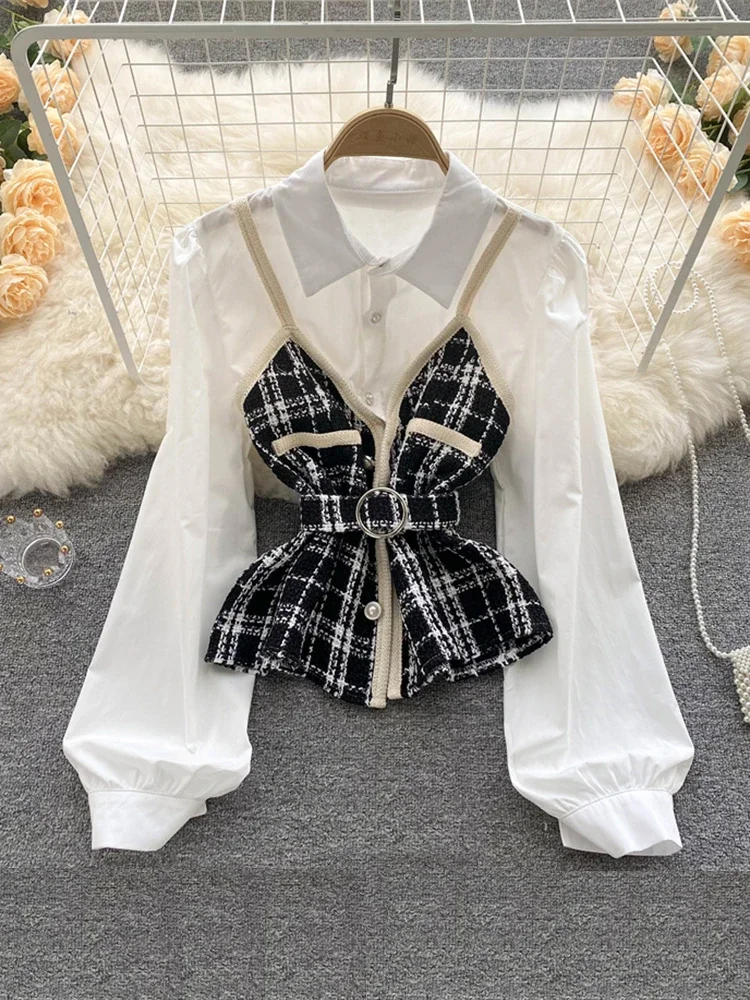 Women Contrasting Color Waist Stitching Fake Two-piece Long-sleeved Shirt Korean All-match Thin Blouse Tops Female D0392