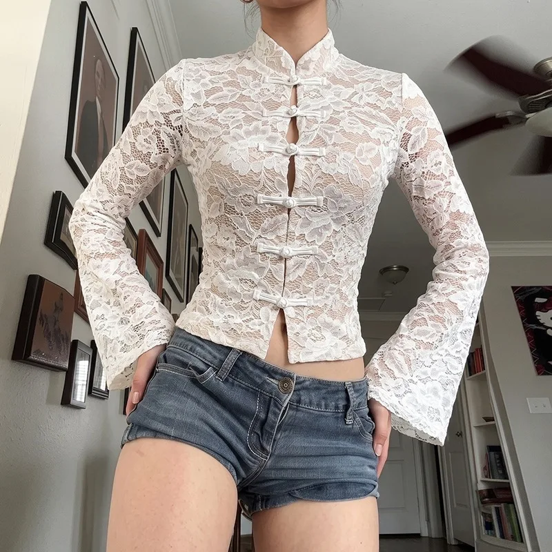 Vintage Hollow Lace Long Sleeve Top Women Mandarin Collar Frog Buttons Slim Fit Open Front Cropped Blouse Parisian Daily Outfit