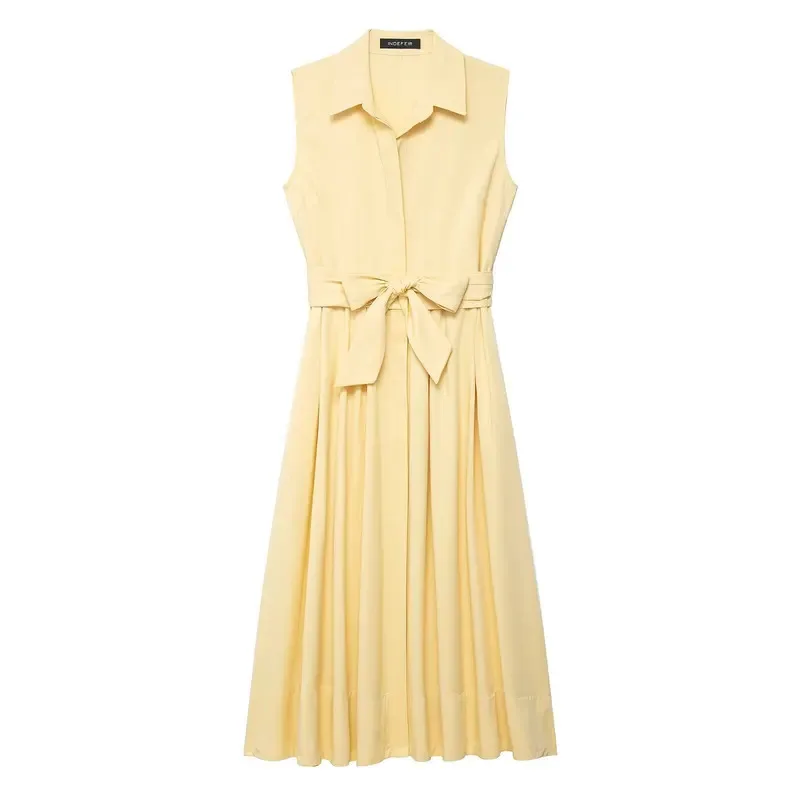 우아한 노란색 민소매 셔츠 드레스 옷깃 버튼 디테일 레이스 업 플리츠 롱 스커트 여름 패션 숙녀 통근 스타일