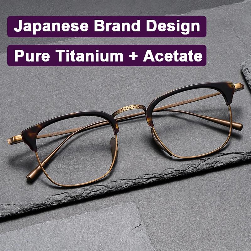 

Japanese Brand Eyewear Pure Titanium + Acetate Eyeglasses Luxury Design Square Business For Men Retro Handmade Glasses Frame