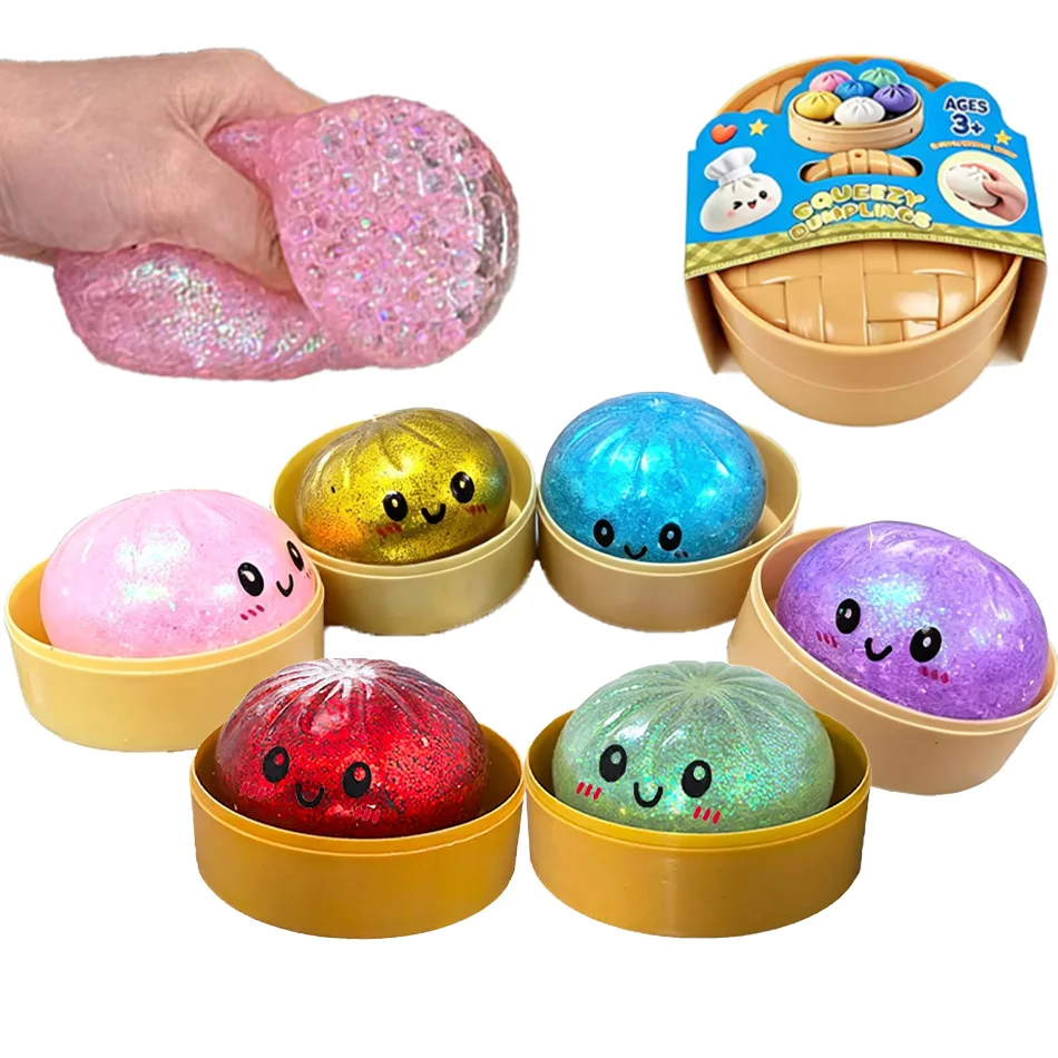 Dumpling Squishies, Boîte Mystère Dumpling Scintillant, Balles Anti-Stress Colorées en Forme de Dumplings, Jouet Sensoriel Fidget, Jouet de Bureau Extensible en Forme de Vapeur