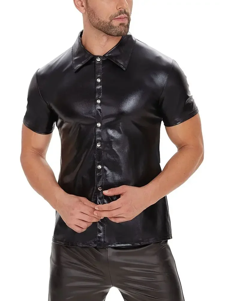 S-5XL Shiny Faux PU Leather Short Sleeve Tshirt Single Breasted T Shirt Men Muscle Hot Shapers Tops Tee Bodybuilding Sexy Shirts